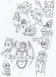 Size: 1360x1872 | Tagged: safe, artist:kuroneko, derpibooru exclusive, dragon lord torch, garble, pharynx, pinkie pie, princess celestia, princess ember, scootaloo, spike, sunset shimmer, tempest shadow, bat pony, changedling, changeling, dragon, parasprite, pony, armor, blushing, clothes, dragoness, female, flower, holding a pony, lineart, long neck, maid, mare, monochrome, prince pharynx, simple background, traditional art, white background