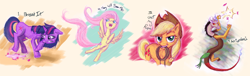 Size: 2200x673 | Tagged: safe, artist:karidyas, applejack, discord, fluttershy, twilight sparkle, earth pony, pegasus, pony