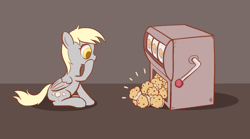 Size: 1800x1000 | Tagged: safe, artist:re7natus, derpy hooves, pegasus, pony, cute, derpabetes, eyes on the prize, female, food, gray background, jackpot, mare, muffin, shocked, simple background, sitting, slot machine, solo, wide eyes