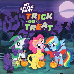 Size: 1080x1080 | Tagged: safe, derpibooru import, pinkie pie, rainbow dash, rarity, earth pony, pegasus, pony, unicorn, clothes, costume, discovery family, halloween, halloween costume, holiday, nightmare night costume, official, pumpkin bucket, stock vector, title drop, trick or treat