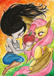 Size: 1642x2325 | Tagged: safe, artist:souleatersaku90, fluttershy, apple, blushing, flutterbat, marceline, traditional art