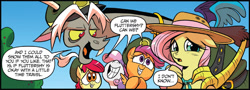 Size: 1487x534 | Tagged: safe, idw, apple bloom, discord, fluttershy, scootaloo, sweetie belle, pegasus, pony, spoiler:comic, spoiler:comic24, filly guides, looking at you