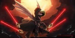 Size: 3000x1543 | Tagged: safe, artist:ncmares, princess celestia, alicorn, pony, cloak, clothes, crossover, darth traya, glare, glarelestia, levitation, lightsaber, looking at you, magic, sith, solo, spread wings, star wars, telekinesis