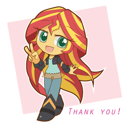 Size: 1000x1000 | Tagged: safe, artist:howxu, sunset shimmer, equestria girls, anime, chibi, clothes, cute, female, peace sign, shimmerbetes, smiling