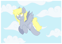 Size: 1024x715 | Tagged: safe, artist:lesleythehero, derpy hooves, pegasus, pony, cloud, colored pupils, flying, ms paint, sky, smiling, solo