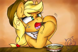 Size: 3750x2500 | Tagged: safe, artist:aquaticsun, applejack, earth pony, pony, chopsticks, eating, kallisti, ramen, silly, silly pony, solo, who's a silly pony