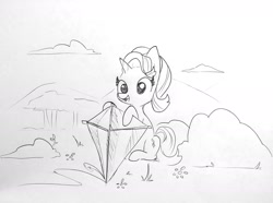 Size: 1819x1351 | Tagged: safe, artist:tjpones, starlight glimmer, pony, unicorn, bush, cloud, female, forest, grass, grayscale, kite, lineart, mare, monochrome, simple background, sitting, solo, that pony sure does love kites, traditional art, tree