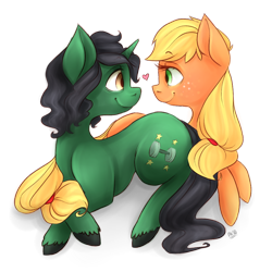 Size: 900x900 | Tagged: safe, artist:grandifloru, applejack, oc, oc:steadfast, earth pony, pony, canon x oc, female, heart, male, shipping, straight