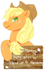 Size: 700x1024 | Tagged: safe, artist:coffeelotte, applejack, earth pony, pony, drama, drama bait, feminism, floppy ears, freckles, glare, leaning, looking at you, mouthpiece, smiling, solo