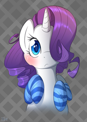 Size: 1500x2100 | Tagged: safe, artist:fluffyxai, rarity, pony, unicorn, blushing, clothes, hair over one eye, socks, solo, striped socks