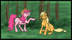 Size: 1024x570 | Tagged: safe, artist:entwin, applejack, pinkie pie, earth pony, pony, blonde mane, duo, female, mare, orange coat, pink coat, pink mane