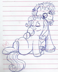 Size: 757x944 | Tagged: safe, artist:69beas, starlight glimmer, sunburst, pony, unicorn, eyes closed, facial hair, female, glasses, hoof fluff, lineart, lined paper, male, mare, shipping, sitting, sketch, smiling, stallion, starburst, straight, traditional art