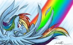 Size: 1280x800 | Tagged: safe, artist:jadedjynx, derpibooru import, rainbow dash, pegasus, pony, looking back, rainbow, solo