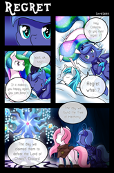 Size: 1500x2268 | Tagged: safe, artist:vavacung, princess celestia, princess luna, oc, oc:liberty wing, oc:paper mache, bat pony, pony, comic:to love alicorn, bat pony luna, bed, cewestia, cloak, clothes, comic, cute, dialogue, eyes closed, filly, pillow, pink-mane celestia, plot, sleeping, smiling, speech bubble, tree of harmony, woona