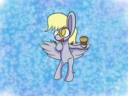 Size: 1600x1200 | Tagged: safe, artist:rafuki, derpy hooves, pegasus, pony, abstract background, female, flying, food, mare, muffin, no pupils, shading, solo