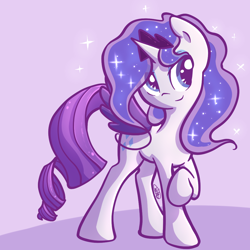 Size: 1040x1040 | Tagged: safe, artist:spikedmauler, rarity, pony, unicorn, testing testing 1-2-3, clothes, cosplay, costume, lunarity, raised hoof, simple background, smiling, solo, sparkles, tiara, wings