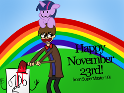 Size: 1024x768 | Tagged: safe, artist:supermaster10, derpibooru import, twilight sparkle, oc, axe, blood, bowtie, catface, clothes, day of the doctor, doctor who, doctor who 50th anniversary, jacket, male, november 23rd, rainbow