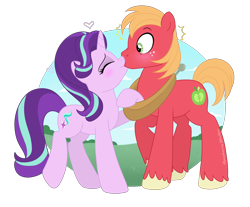 Size: 2144x1772 | Tagged: safe, artist:raspberrystudios, big macintosh, starlight glimmer, earth pony, pony, unicorn, big macintosh gets all the mares, blushing, female, glimmermac, kissing, male, shipping, simple background, straight, surprise kiss