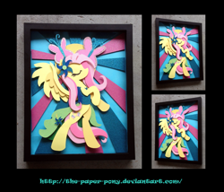 Size: 1325x1132 | Tagged: safe, artist:the-paper-pony, fluttershy, butterfly, pegasus, pony, craft, eyes closed, flower in hair, rearing, shadowbox, solo