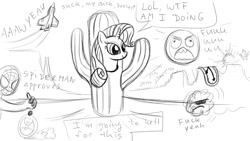 Size: 1024x576 | Tagged: safe, artist:dori-to, rarity, pony, unicorn, cactus, clothes, context is for the weak, costume, monochrome, raricactus, sketch, sketch dump, spider-man, vulgar, wat