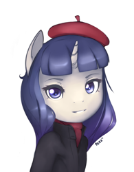 Size: 1280x1643 | Tagged: safe, artist:pezzhippo, rarity, anthro, beatnik rarity, beret, clothes, hat, looking at you, simple background, solo, white background