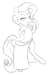 Size: 505x740 | Tagged: safe, artist:hidden-cat, rarity, pony, semi-anthro, unicorn, clothes, dress, grayscale, monochrome, solo