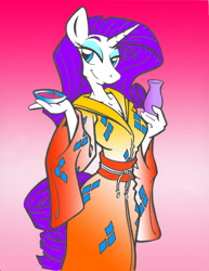 Size: 850x1100 | Tagged: safe, artist:ruger181, artist:trollie trollenberg, color edit, edit, rarity, anthro, alcohol, cleavage, clothes, colored, female, food, kimono (clothing), sake, smiling, solo