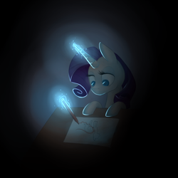 Size: 600x600 | Tagged: safe, artist:breadcipher, rarity, pony, unicorn, drawing, dressmaking, glowing horn, levitation, magic, pencil, solo, telekinesis