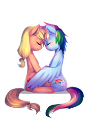 Size: 990x1400 | Tagged: safe, artist:bakki, derpibooru import, applejack, rainbow dash, earth pony, pegasus, pony, appledash, butt touch, commission, eyes closed, feathermarking, female, hug, lesbian, mare, never doubt tchernobog's involvement, shipping, simple background, smiling, transparent background, winghug