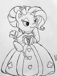 Size: 485x643 | Tagged: safe, artist:gingerthefox, rarity, pony, unicorn, alice in wonderland, bipedal, clothes, cosplay, costume, monochrome, queen of hearts, solo