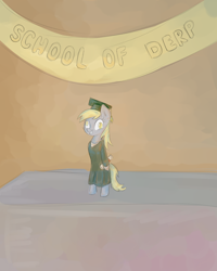 Size: 1024x1280 | Tagged: safe, artist:kyaokay, derpy hooves, pegasus, pony, alone, banner, bipedal, graduation, happy, solo, standing