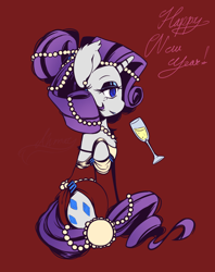 Size: 770x974 | Tagged: safe, artist:ahimay, rarity, pony, unicorn, 2016, champagne, clothes, dress, hair bun, jewelry, makeup, new year, solo