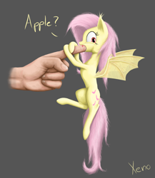 Size: 1300x1500 | Tagged: safe, artist:the1xeno1, fluttershy, human, biting, blood, disembodied hand, fangs, finger, finger in mouth, flutterbat, hand, solo, tiny, tiny ponies