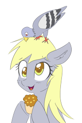 Size: 3000x4500 | Tagged: safe, artist:yinglongfujun, derpy hooves, bird, pegasus, pigeon, pony, cute, derpabetes, female, food, mare, muffin, simple background, solo, transparent background