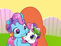 Size: 424x320 | Tagged: safe, derpibooru import, screencap, rainbow dash, sweetie belle, pegasus, pony, g3.5, newborn cuties, once upon a my little pony time, over two rainbows, bow, hair bow, hat, hug, smiling