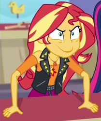 Size: 1204x1440 | Tagged: safe, edit, edited screencap, screencap, sci-twi, sunset shimmer, twilight sparkle, better together, equestria girls, rollercoaster of friendship, >:), evil grin, geode of empathy, grin, happy, inverted mouth, silly, smiling, solo focus
