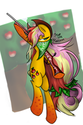 Size: 730x1095 | Tagged: safe, artist:star-the-raccoon, applejack, earth pony, pony, apple, bandana, gun, rainbow power, rifle, solo