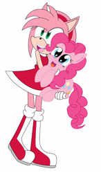 Size: 1260x2160 | Tagged: safe, artist:luckyacesnof, pinkie pie, pony, amy rose, crossover, cute, holding a pony, hug, simple background, smiling, sonic the hedgehog (series), white background