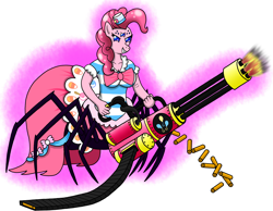 Size: 3190x2472 | Tagged: safe, artist:heartshielder1991, pinkie pie, anthro, drider, monster pony, original species, spider, spiderpony, clothes, dress, gala dress, minigun, solo, species swap, spider pie