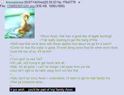 Size: 520x398 | Tagged: safe, applejack, earth pony, pony, /mlp/, 4chan, anon in equestria, greentext, rejection, rejection is magic, sad, text
