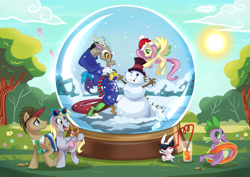 Size: 3393x2399 | Tagged: safe, artist:seanica, angel bunny, derpy hooves, discord, doctor whooves, fluttershy, spike, butterfly, dragon, pegasus, pony, clothes, drinking, flying, food, hat, ice cream, juice, scarf, snow globe, snowman, spread wings, sunglasses, tongue out, wings