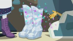 Size: 1280x720 | Tagged: safe, screencap, rarity, sunset shimmer, better together, equestria girls, opening night, bedazzled boot, boots, glitter, selfie soot, shoes