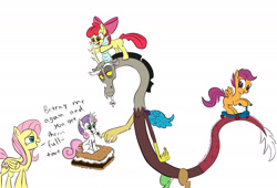 Size: 2379x1620 | Tagged: safe, artist:frikdikulous, apple bloom, discord, fluttershy, scootaloo, sweetie belle, pegasus, pony, colored, cutie mark crusaders, dialogue, s'mores, scooter, simple background