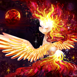 Size: 1024x1024 | Tagged: safe, artist:mapony240, princess celestia, alicorn, pony, fire, glowing eyes, mane of fire, solo, space, spread wings, sun