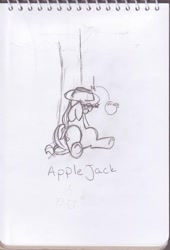 Size: 738x1083 | Tagged: safe, artist:eggrole7, applejack, earth pony, pony, apple, food, monochrome, sitting, solo, traditional art, tree