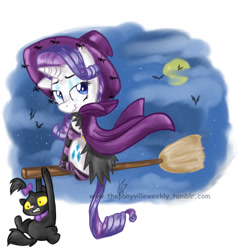 Size: 751x790 | Tagged: safe, artist:vago-xd, part of a set, opalescence, rarity, bat, cat, pony, spider, unicorn, broom, cape, clinging, clothes, cloud, costume, flying, flying broomstick, full moon, hat, looking back, looking up, moon, night, night sky, nightmare night, sitting, smiling, socks, striped socks, witch, witch hat