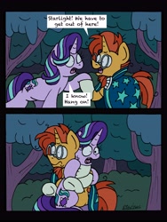 Size: 4409x5850 | Tagged: safe, artist:bobthedalek, starlight glimmer, sunburst, pony, unicorn, student counsel, choking, clothes, comic, glasses, hug, robe, scared, sunburst's glasses, sunburst's robe