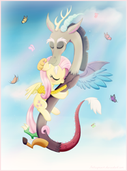 Size: 1280x1721 | Tagged: safe, artist:fallenpeach, discord, fluttershy, butterfly, pegasus, pony, blushing, discoshy, female, flying, male, shipping, straight