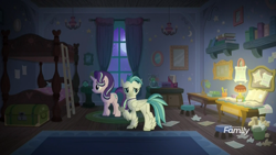 Size: 1920x1080 | Tagged: safe, screencap, starlight glimmer, terramar, classical hippogriff, hippogriff, pony, unicorn, student counsel, book, bunk bed, dark, desk, female, ladder, lamp, male, mare, moon, night, paper, rug, school of friendship, shelf, silverstream's room, trash can, treasure chest