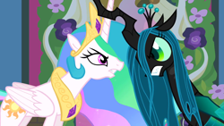 Size: 1280x720 | Tagged: safe, screencap, princess celestia, queen chrysalis, alicorn, changeling, changeling queen, pony, a canterlot wedding, female, role reversal